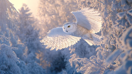 Snowy owl flying above frost-covered trees, its white feathers blending seamlessly with the snowy landscapeの素材