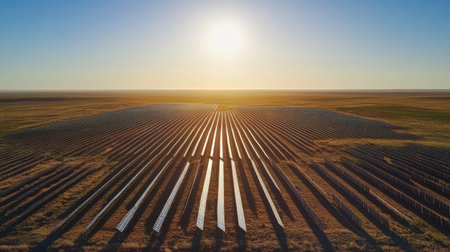 Rows of ground-mounted solar panels in an open field, basking in sunlight with a crisp blue sky aboveの素材