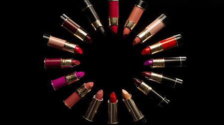 Set of lipsticks in different bold shades arranged in a circle on a black background, emphasizing vibrant colorsの素材