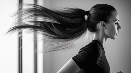 Side view of a woman's ponytail swaying as she runs on a treadmill, captured in motionの素材