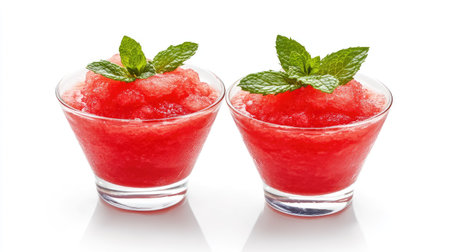 Two glasses of vibrant red watermelon slushie garnished with mint leaves on a bright white backgroundの素材