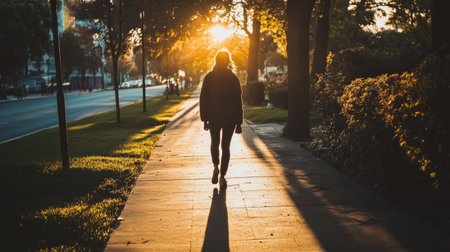 Silhouette of a person walking on a sidewalk with elongated morning shadows stretching aheadの素材