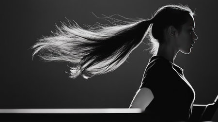 Side view of a woman's ponytail swaying as she runs on a treadmill, captured in motionの素材