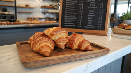 Stack of fresh croissants on a wooden tray, displayed on a bakery counter with a chalkboard menu in the backgroundの素材
