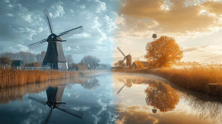 Side-by-side comparison of a wind turbine and a traditional windmill in a peaceful countryside, emphasizing energy evolutionの素材