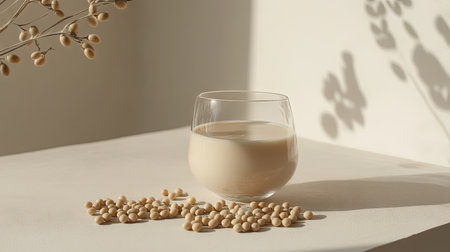 Soy milk poured into a clear glass next to scattered raw soybeans on a neutral backdrop, creating a minimalist, natural aestheticの素材