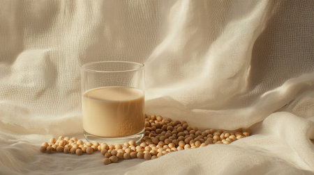 Soybeans arranged next to a glass of soy milk on a soft fabric backdrop, creating a minimalist and healthy atmosphere with soft lightingの素材