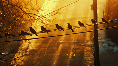 Silhouettes of birds on a wire with their shadows cast on the road below in the morning lightの素材
