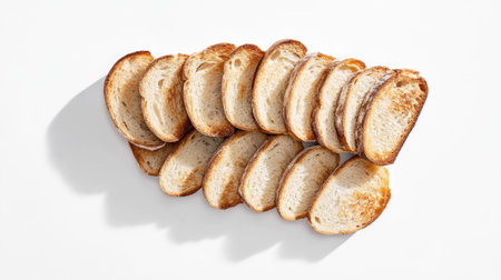 Top-down view of freshly toasted bread slices stacked neatly in the center of a white backgroundの素材