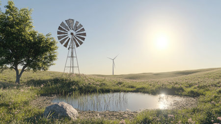 Traditional windmill by a small pond with a modern wind turbine visible on the horizon, framed by a clear sunny skyの素材