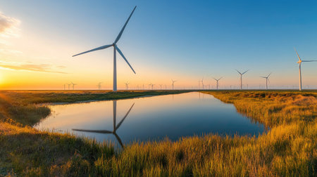 Traditional windmill reflected in a nearby canal, with wind turbines scattered across the horizon under a clear skyの素材