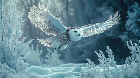 Side view of a snowy owl mid-flight, wings curved upward, with a frozen forest belowの素材