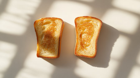 Two crispy toast slices with golden edges, lying flat on a white background with subtle shadow detailsの素材