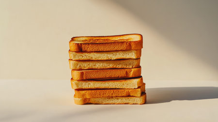 Stack of golden-brown toast bread slices neatly arranged on a clean white background with soft shadowsの素材