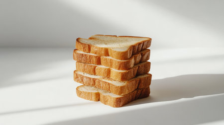 Stack of golden-brown toast bread slices neatly arranged on a clean white background with soft shadowsの素材