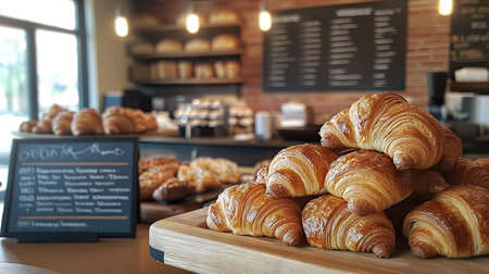 Stack of fresh croissants on a wooden tray, displayed on a bakery counter with a chalkboard menu in the backgroundの素材