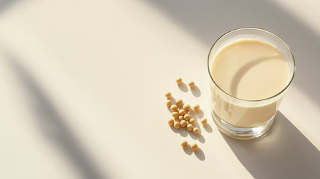 Soy milk in a glass, accompanied by a few soybeans scattered around, all set on a simple white surface with bright natural lightの素材