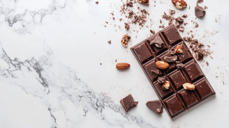 Tasty chocolate bar with pieces of fruit and nuts embedded, placed on a marble countertop with a few crumbs scatteredの素材