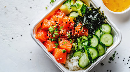 A colorful poke bowl with salmon, cucumber, and seaweed, served in a take-out container on a white surface.の素材