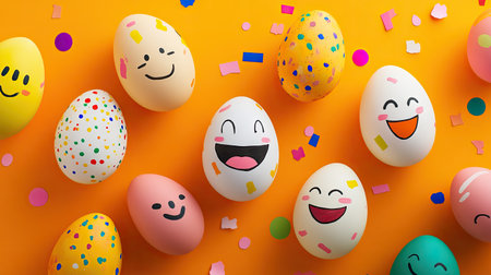 Hand-painted Easter eggs with fun emoji designs displayed on a cheerful orange background with confettiの素材