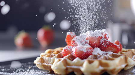A close-up of a modern waffle maker with a freshly cooked waffle and toppings like strawberries and powdered sugar.の素材