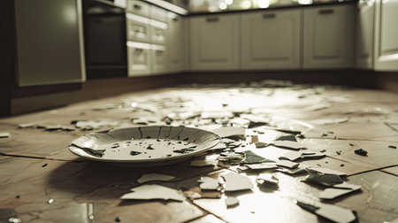 A cracked ceramic plate with shards on the floor of a kitchen, with a sense of chaos and disorder.の素材