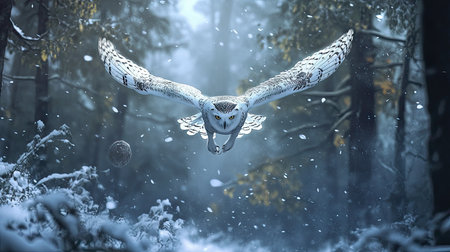 Snowy owl flying low over a snowy forest, its sharp talons extended as it approaches its preyの素材
