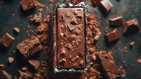 Rich milk chocolate bar wrapped in foil, unwrapped slightly to reveal the glossy surface, surrounded by chocolate piecesの素材