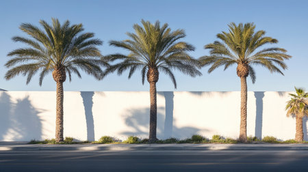 Palm tree shadows projected onto a white wall during a bright and sunny morningの素材