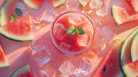Overhead view of watermelon slushie in a glass jar with mint and ice cubes, surrounded by fresh watermelon slicesの素材