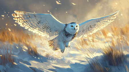 Snowy owl flying over an open tundra, wings fully expanded and feathers glowing in the soft winter sunlightの素材