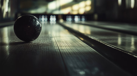 The smooth surface of a bowling ball rolling across the lane, with a focused and crisp image of the track beneath itの素材