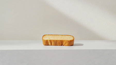 Single piece of toasted bread with even browning, resting on a clean white surface with minimalistic lightingの素材