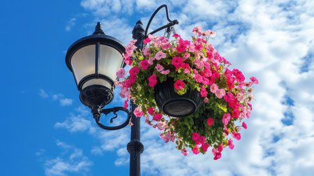 Street lamp adorned with hanging flower baskets, standing against a bright and cheerful blue skyの素材