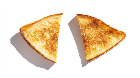 Two crispy toast slices with golden edges, lying flat on a white background with subtle shadow detailsの素材
