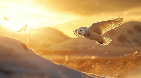 Snowy owl captured in motion as it flies through golden sunlight, snow-covered hills in the distanceの素材