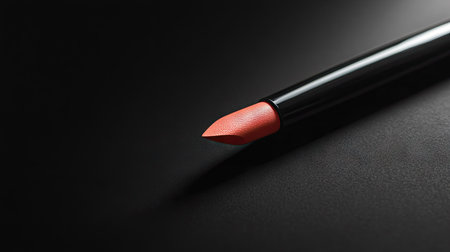 Single lipstick with a satin-finish tip, resting on a black background with sharp, dramatic shadowsの素材