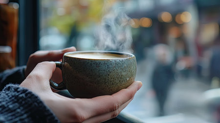 Relaxed hands holding a ceramic coffee cup with steam rising, placed against a blurred caf window backgroundの素材