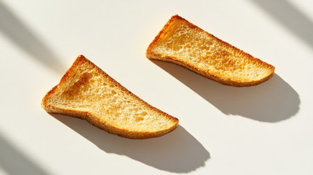Two crispy toast slices with golden edges, lying flat on a white background with subtle shadow detailsの素材