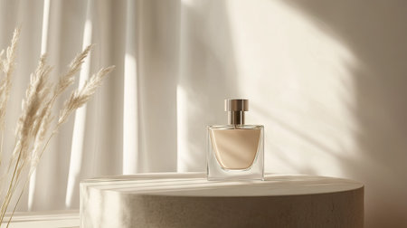 Soft-focus background highlighting a beautifully designed crme lotion bottle on a chic podium, perfect for a cosmetic mockup or beauty campaignの素材