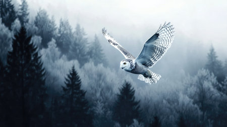 Snowy owl flying near the treetops of a frosty forest, blending perfectly with the wintry environmentの素材