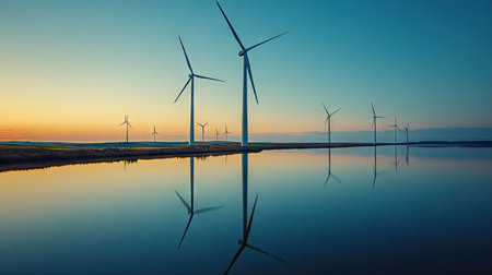 Traditional windmill reflected in a nearby canal, with wind turbines scattered across the horizon under a clear skyの素材