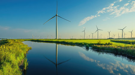 Traditional windmill reflected in a nearby canal, with wind turbines scattered across the horizon under a clear skyの素材