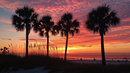 Silhouetted palm trees against a vibrant orange and pink sunset sky, casting long shadows on the beachの素材