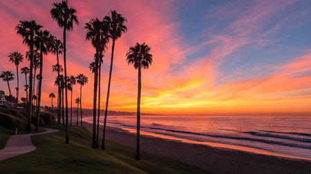 Silhouetted palm trees against a vibrant orange and pink sunset sky, casting long shadows on the beachの素材
