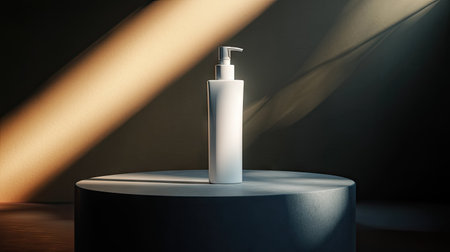 Stylish crme lotion bottle placed on a podium, illuminated with soft spotlights to highlight its texture and packaging in a beauty campaign mockupの素材
