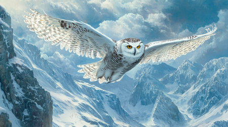 Snowy owl mid-flight with a stunning icy mountain range in the background, wings fully outstretchedの素材
