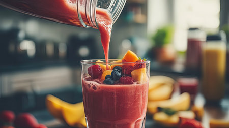 A close-up of a blender pouring a fresh fruit smoothie into a glass, with a kitchen in the background.の素材