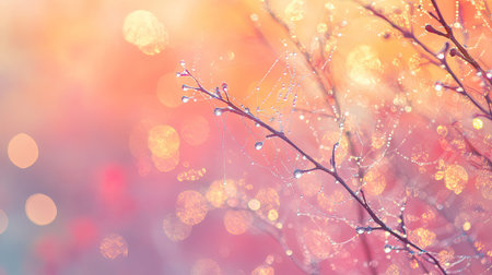 A close-up of dew-laden spider web threads, with blurred background of a colorful morning sky.の素材