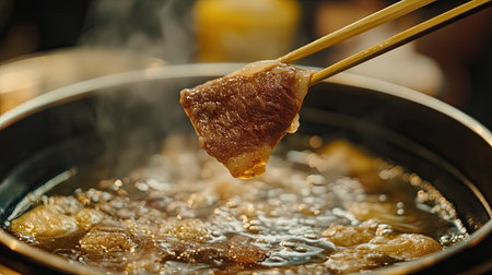 A close-up shot of chopsticks lifting a beef slice and placing it carefully into a shabu hot pot filled with broth.の素材